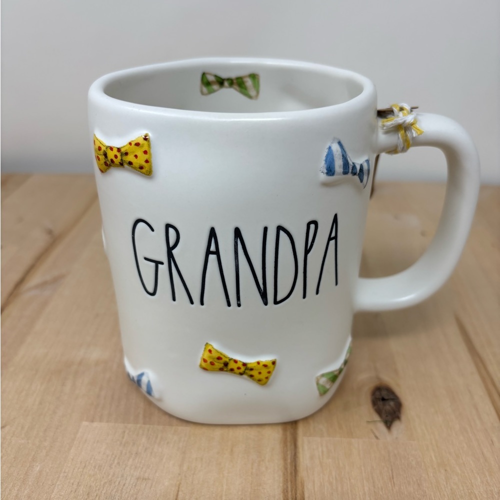 Rae Dunn GRANDPA Mug Double Sided White Ceramic Multicolor Bowtie Decor New